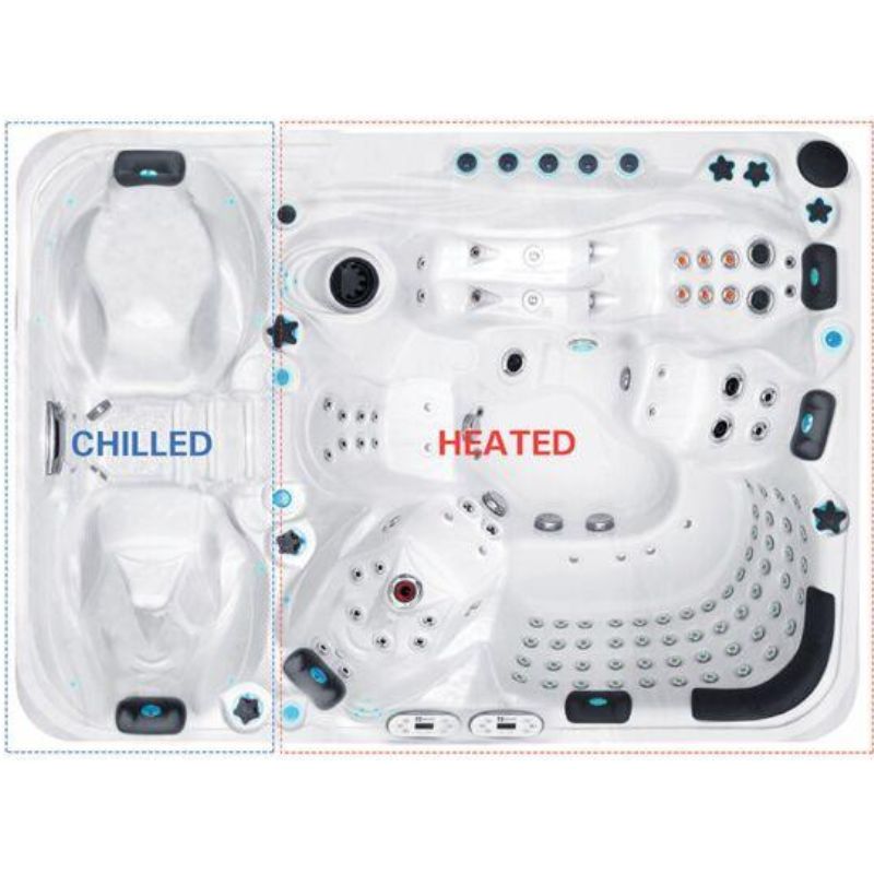 "Top view of the Elevate Contrast Ice Bath with current by Passion Ice Baths and Wim Hof, featuring a dual-zone design. One side is labeled 'Chilled' for cold water therapy, and the other side is labeled 'Heated' for hot water therapy, with various jets and controls visible in both zones."