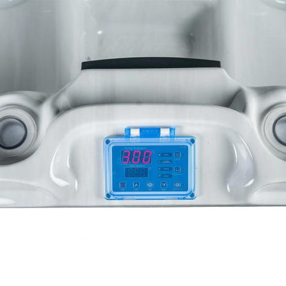  "Close-up of the control panel for the Elevate Contrast Ice Bath with current by Passion Ice Baths and Wim Hof, showing a digital temperature display set at 3.0°C. The white interior of the bath features built-in seating and jets."