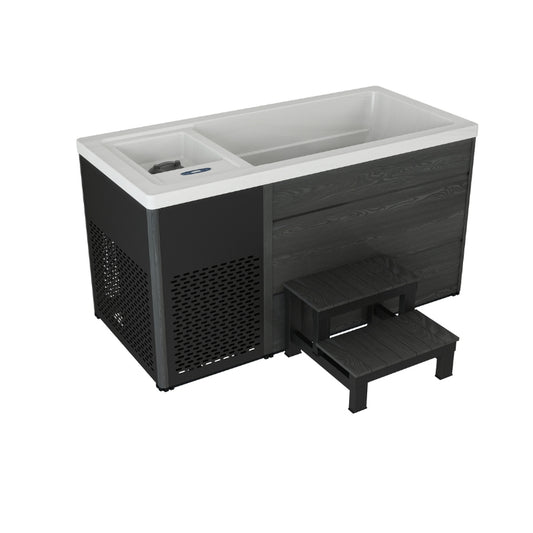 "H20 Chillax Ice Bath featuring a modern design with black and white finish, integrated steps, and a side control panel."