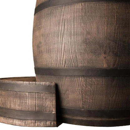  "Close-up view of The Ice Man's Barrel by Passion Ice Baths and Wim Hof, featuring the rustic wood-finished barrel with black metal bands and a matching wooden step placed beside it."