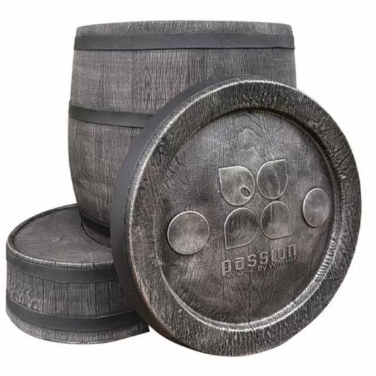 A grey wood effect Ice Barrel by Passion Ice baths and Wim Hof. Fully insulated Including integrated step and seat, plus lid